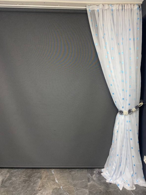 TERGAL TURKUAZ KARELİ BEYAZ RENK TEK KANAT Hazır Dikilmiş Pileli Fon Perde 300*260 Cm - Resim 5