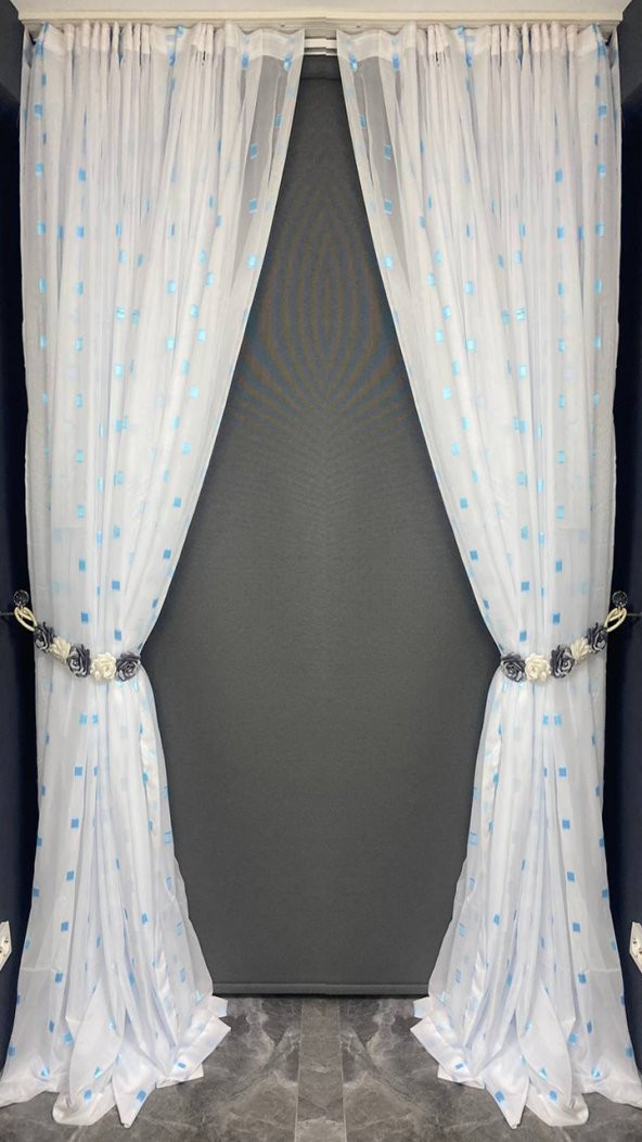 TERGAL TURKUAZ KARELİ BEYAZ RENK TEK KANAT Hazır Dikilmiş Pileli Fon Perde 300*260 Cm - Resim 6