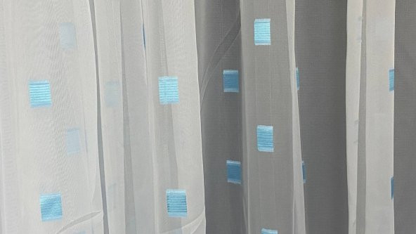 TERGAL TURKUAZ KARELİ BEYAZ RENK TEK KANAT Hazır Dikilmiş Pileli Fon Perde 300*260 Cm - Resim 9