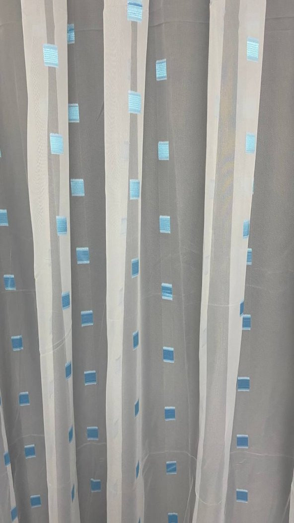 TERGAL TURKUAZ KARELİ BEYAZ RENK TEK KANAT Hazır Dikilmiş Pileli Fon Perde 300*260 Cm - Resim 12