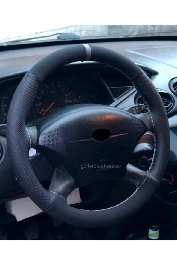 Ford Focus 1 Dikmeli Direksiyon Kılıfı Alkantra Delikli Gri Yüzüklü