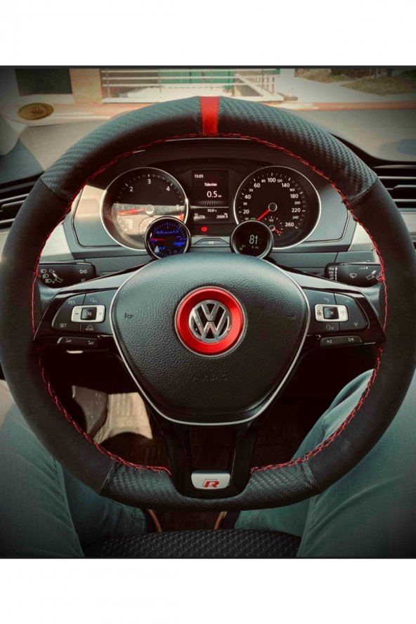 Volkswagen Passat B8 Uyumlu  Dikmeli Direksiyon Kılıfı Alkantra Karbon Kırmızı Yüzüklü - 2