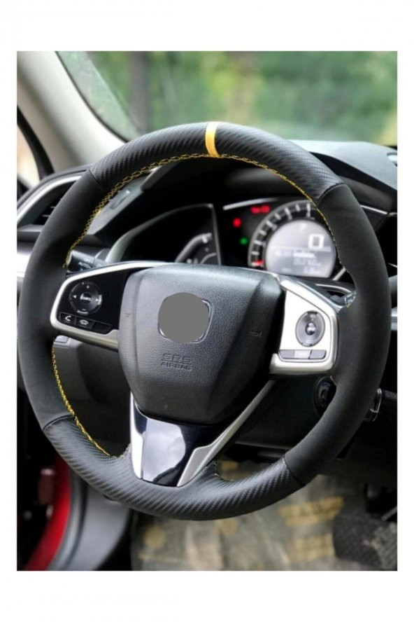 Chevrolet Aveo Dikmeli Direksiyon Kılıfı Alkantra Karbon Sarı Yüzüklü - Resim 2