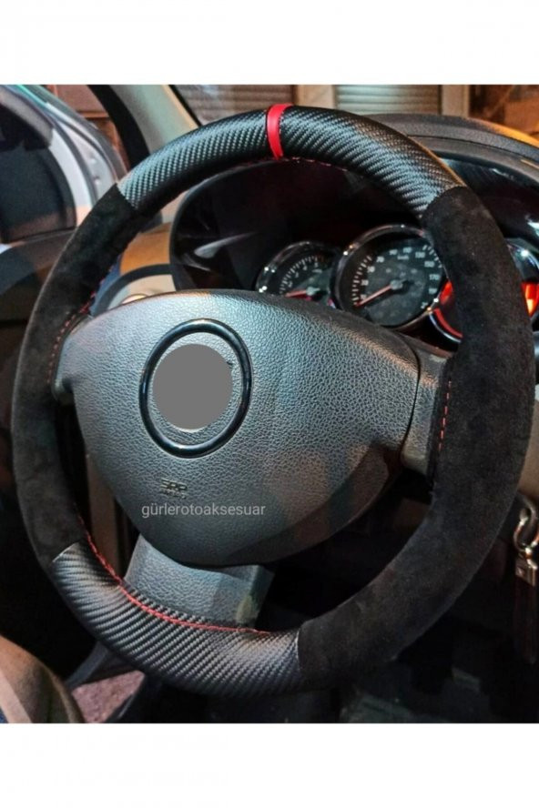 Dacia Logan 2 Uyumlu Direksiyon Kılıfı Alkantra-karbon Kırmızı Yüzüklü