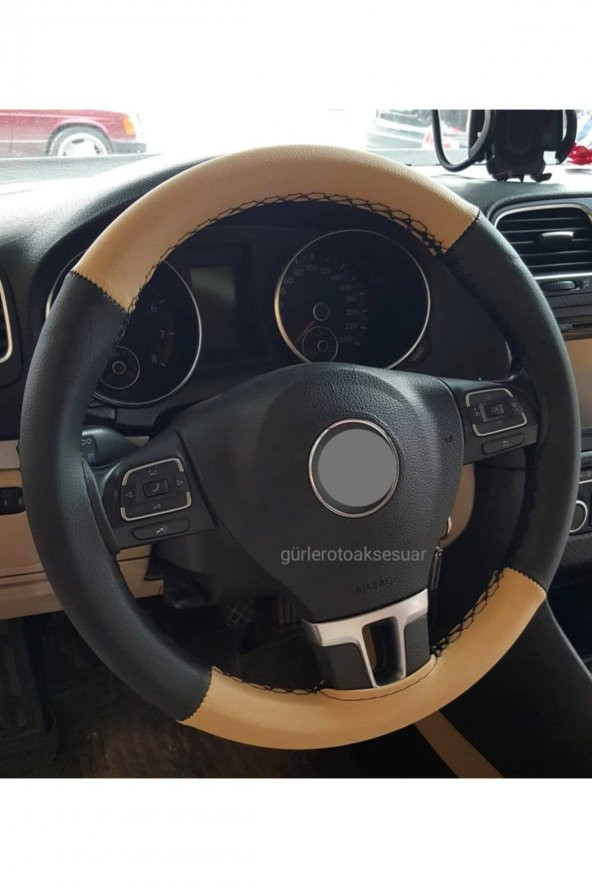 Vw Passat B8 Kasa Direksiyon Kılıfı Dikmeli Iki Renkli Bej Siyah ürün görseli 1