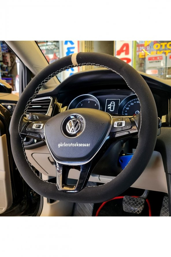 Vw Golf 7 Uyumlu Dikmeli Direksiyon Kılıfı Alkantra Bej Yüzüklü