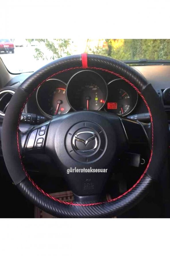Mazda Grup Uyumlu Dikmeli Direksiyon Kılıfı Alkantra Karbon Kırmızı Yüzüklü(38cm×10.5cm)