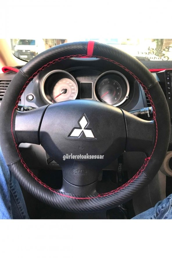 Mitsubishi Grup Uyumlu Dikmeli Direksiyon Kılıfı Alkantra Karbon Kırmızı Yüzüklü(38cm×10.5cm) ürün görseli 1