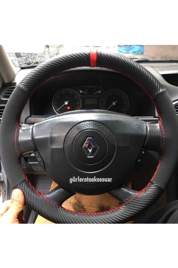 Renault Grup Uyumlu Dikmeli Direksiyon Kılıfı Alkantra Karbon Kırmızı Yüzüklü(38cm×10.5cm)