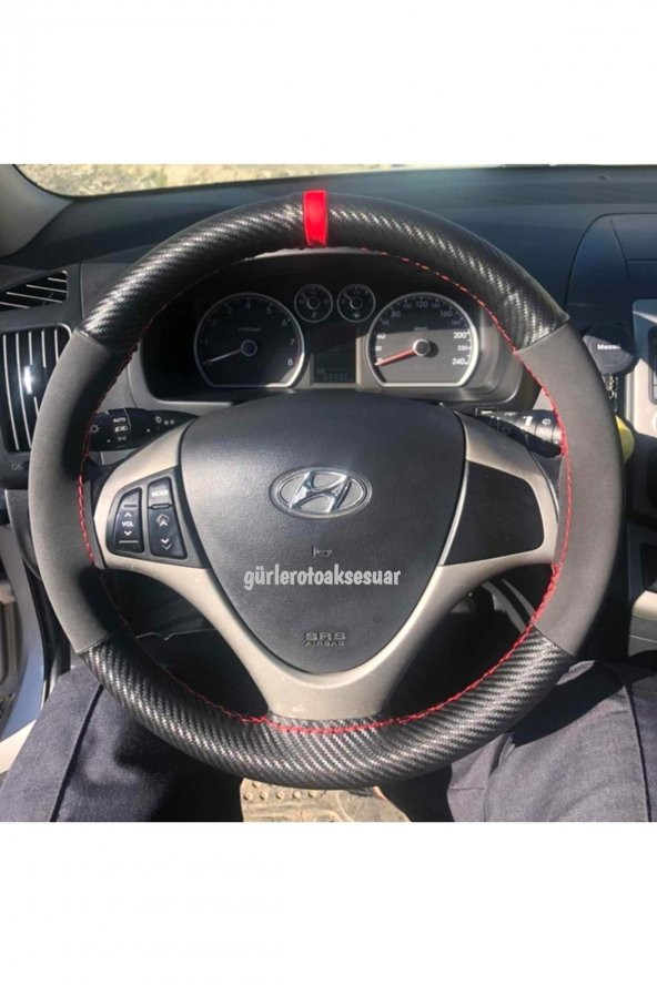 Hyundai Era Uyumlu Dikmeli Direksiyon Kılıfı Alkantra Karbon Kırmızı Yüzüklü ürün görseli 1