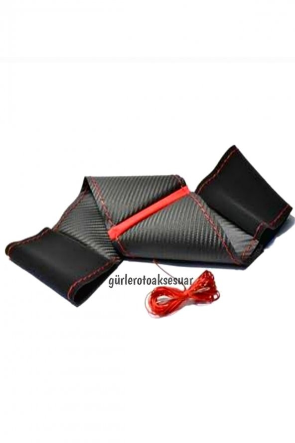 Mitsubishi Grup Uyumlu Dikmeli Direksiyon Kılıfı Alkantra Karbon Kırmızı Yüzüklü(38cm×10.5cm) - Resim 4