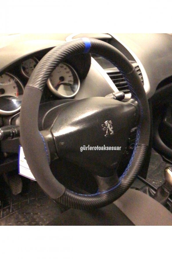 Peugeot 206 Uyumlu Dikmeli Direksiyon Kılıfı Alkantra Karbon Mavi Yüzüklü ürün görseli 1