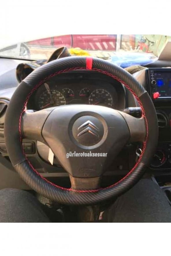 Citreön Nemo Uyumlu Dikmeli Direksiyon Kılıfı Alkantra Karbon Kırmızı Yüzüklü