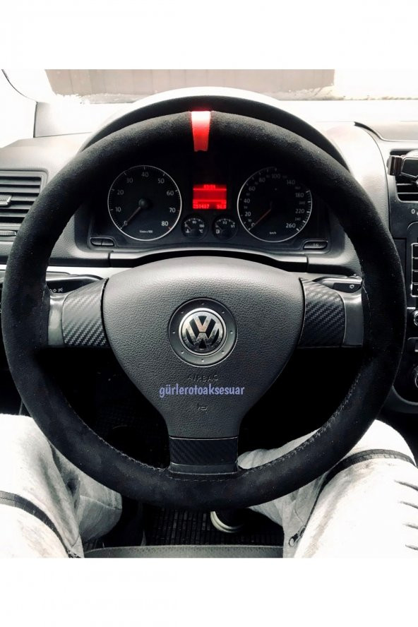 Volkswogen Golf 5-6 Uyumlu Dikmeli Direksiyon Kılıfı Kırmızı Yüzüklü Alkantara (nubuk) ürün görseli 1