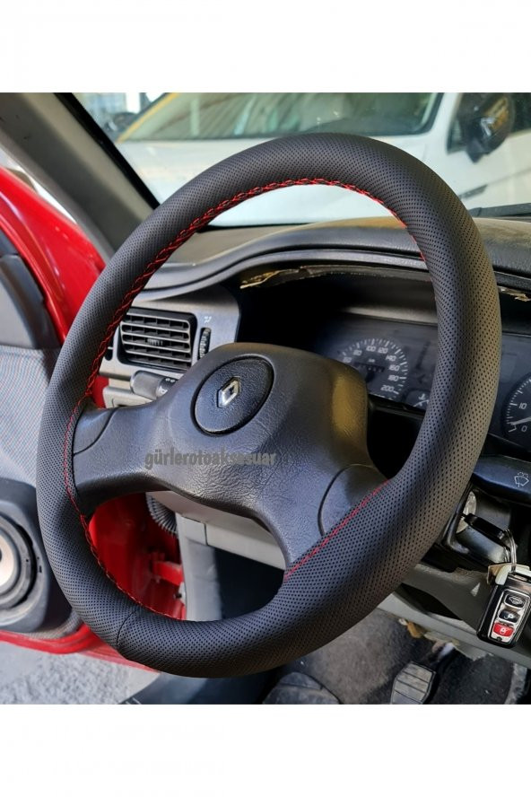 Renault 19 Deri Dikmeli Direksiyon Kılıfı Noktalı Kırmızı Ipli (10cm)