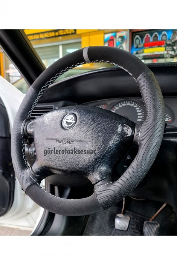 Opel Vectra B Kasa Nubuk Dikmeli Direksiyon Kılıfı Gri Yüzüklü Noktalı Alkantara - 1