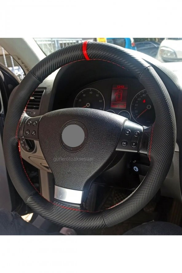 Vw Bora Dikmeli Direksiyon Kılıfı Karbon Delikli Kırmızı Yüzüklü