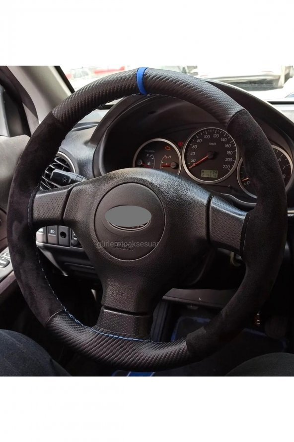 Subaru Impreza Dikmeli Direksiyon Kılıfı Alkantra Karbon Mavi Yüzüklü - Resim 2