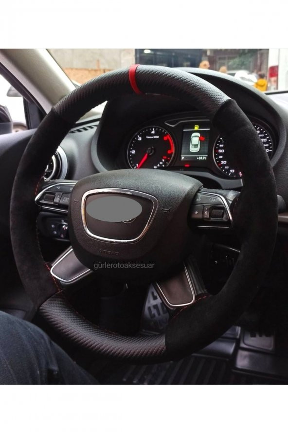 Audi A3 Dikmeli Direksiyon Kılıfı Alkantra Karbon Kırmızı Yüzüklü - 2