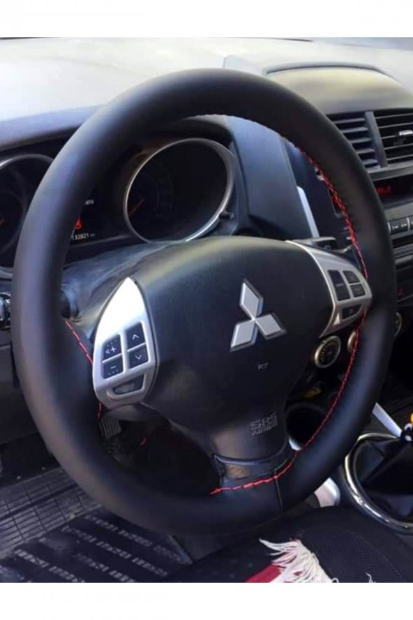 Mitsubishi Deri Direksiyon Kılıfı Dikmeli Soft Kırmızı Ipli