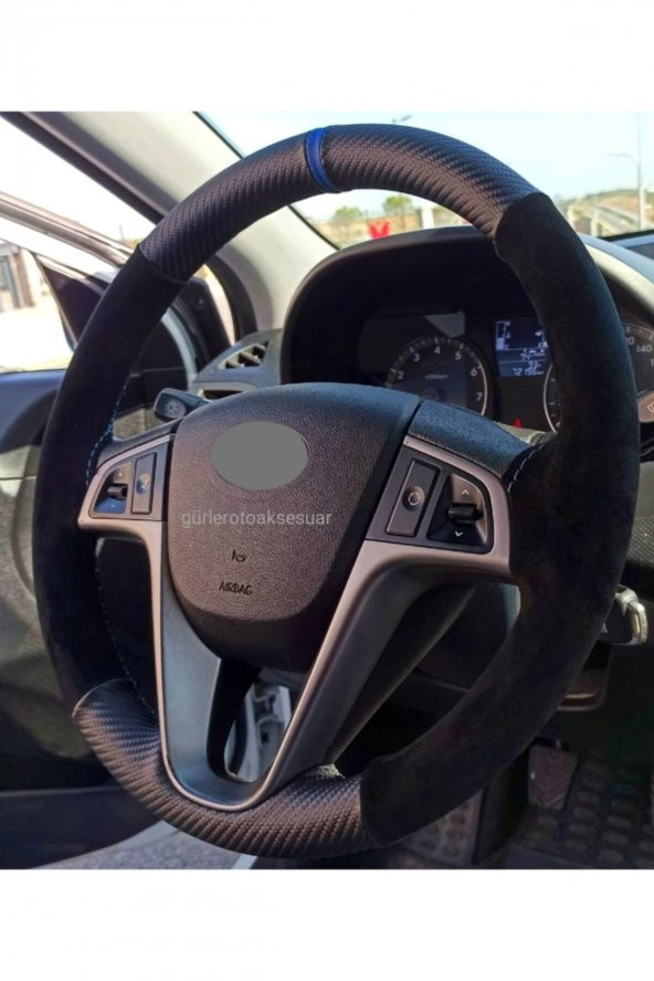 Hyundai Accen Blue Uyumlu Dikmeli Direksiyon Kılıfı Alkantra Karbon Mavi Yüzüklü