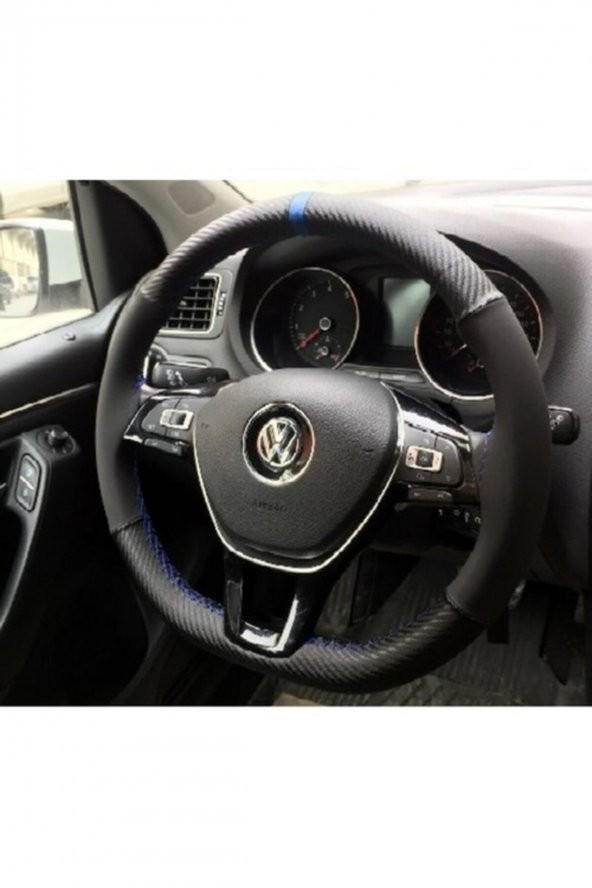 Dacia Logan 2 Direksiyon Kılıfı Alkantra Karbon Mavi Yüzüklü - 1