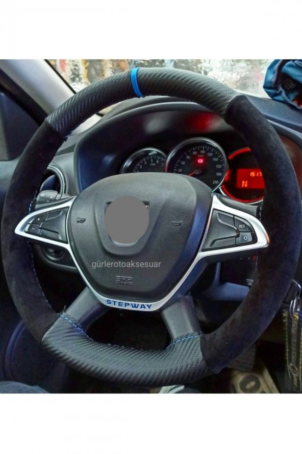 Dacia Sandero Direksiyon Kılıfı Alkantra-karbon Mavi Yüzüklü