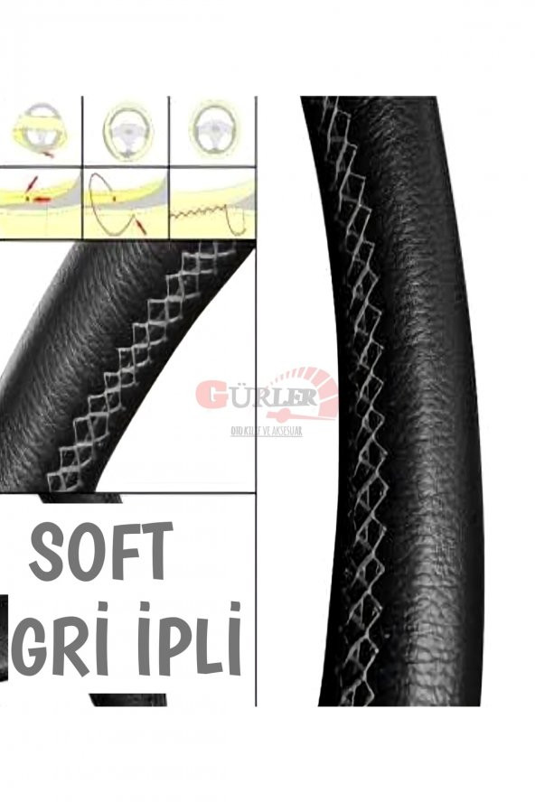 Universal Deri Direksiyon Kılıfı Dikmeli Soft Siyah Gri Ipli (38cm-11.cm) - 2