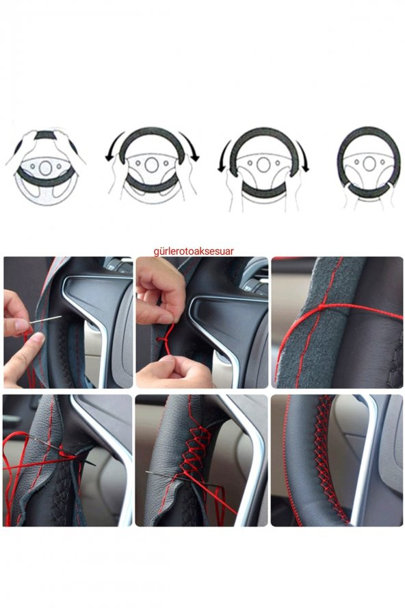 Universal Deri Direksiyon Kılıfı Dikmeli Soft Siyah Gri Ipli (38cm-11.cm) - 4