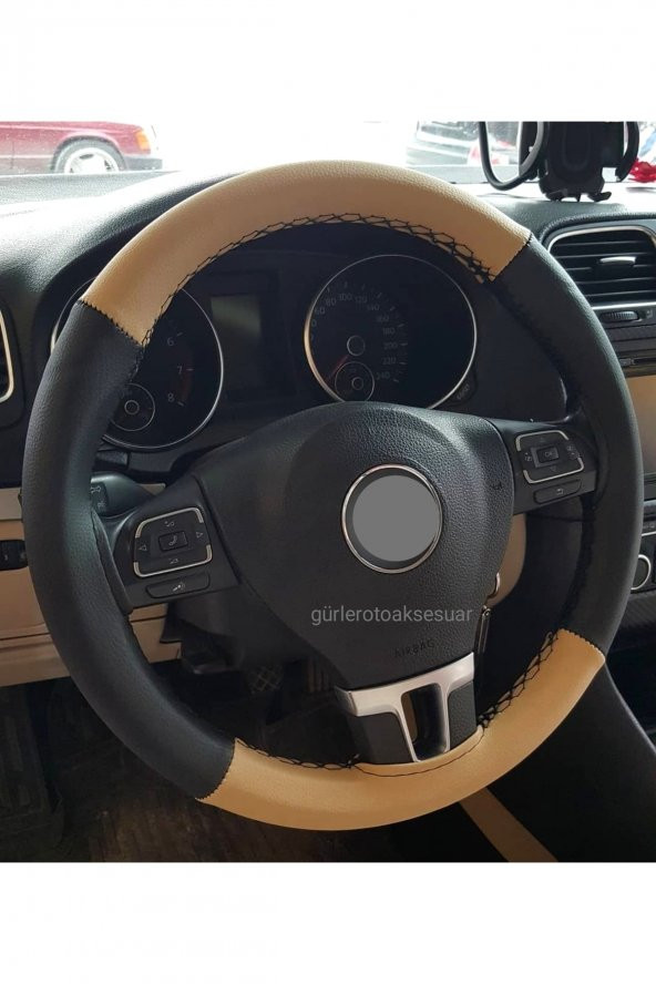 Vw Jetta 2013+ Direksiyon Kılıfı Dikmeli Iki Renkli Bej Siyah ürün görseli 1