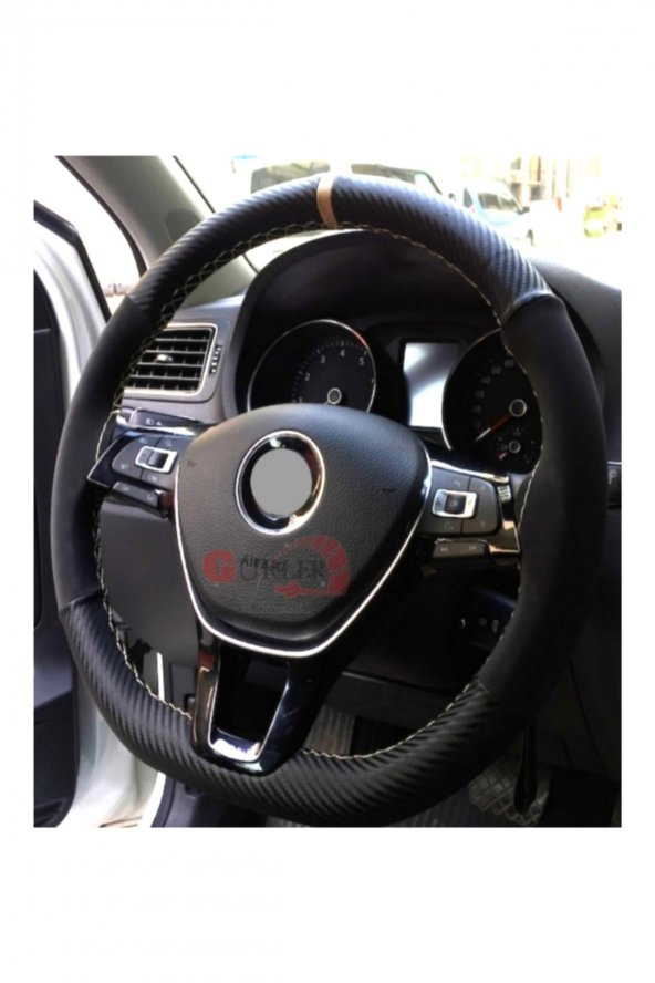 Skoda Octavia Dikmeli Direksiyon Kılıfı Alkantra Karbon Bej Yüzüklü - Resim 2