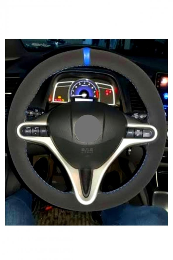 Toyota Corolla 2007-2012 Alkantra Nubuk Dikmeli Direksiyon Kılıfı Mavi Yüzüklü - Resim 2