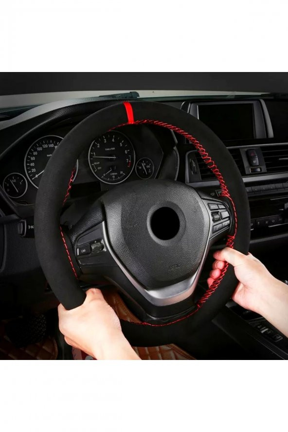 Toyota Corolla 2007-2012 Alkantra Nubuk Dikmeli Direksiyon Kılıfı Kırmızı Yüzüklü ürün görseli