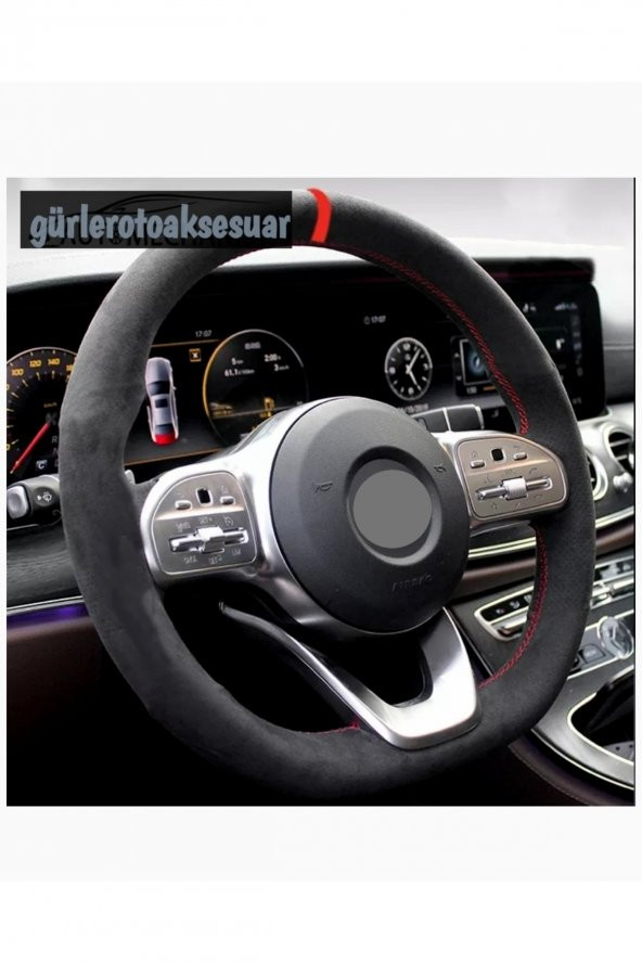 Toyota Corolla 2007-2012 Alkantra Nubuk Dikmeli Direksiyon Kılıfı Kırmızı Yüzüklü - Resim 2