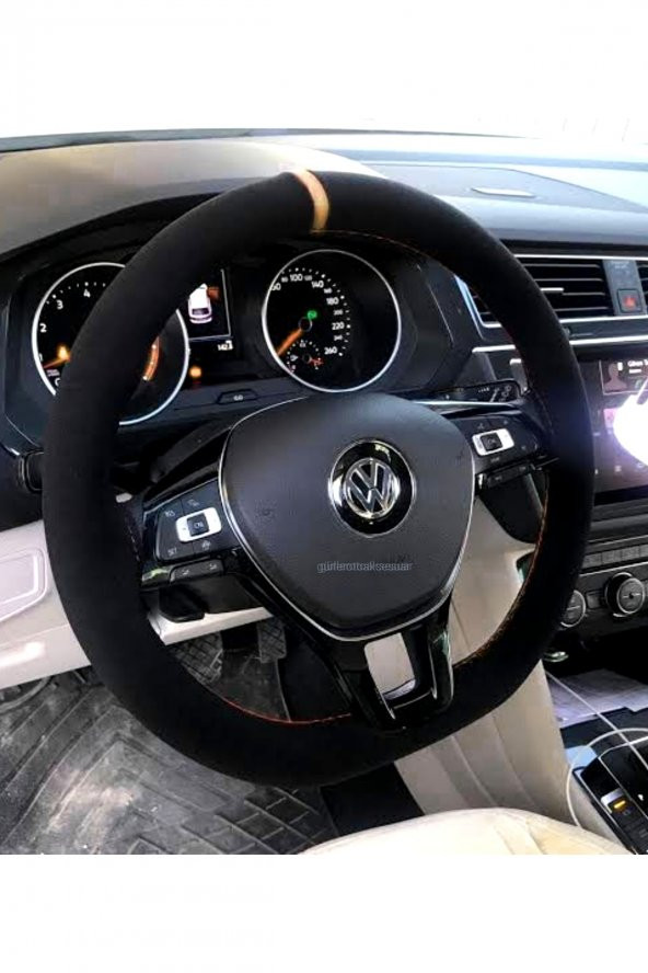 Vw Golf 8 Dikmeli Direksiyon Kılıfı Alkantra Sarı Yüzüklü Uyumlu