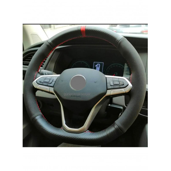 Universal Kırmızı Yüzüklü Alcantara-Karbon Oto Dikmeli Direksiyon Kılıfı - 2