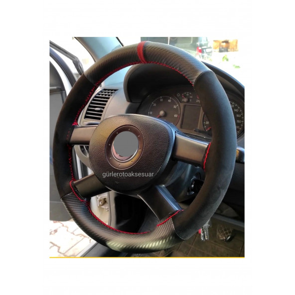 Universal Kırmızı Yüzüklü Alcantara-Karbon Oto Dikmeli Direksiyon Kılıfı - 3