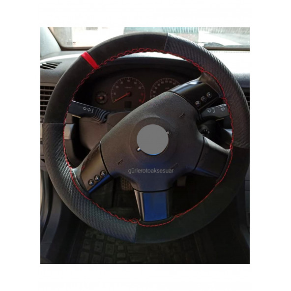 Universal Kırmızı Yüzüklü Alcantara-Karbon Oto Dikmeli Direksiyon Kılıfı - 4