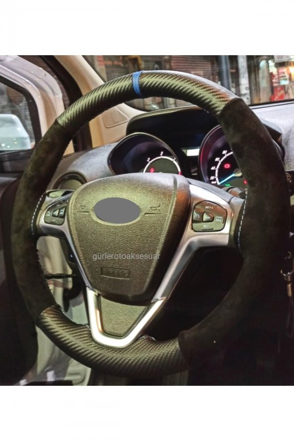 Ford Focus Deri Dikmeli Direksiyon Kılıfı Alkantra-karbon Mavi Yüzüklü Tüm Modeller