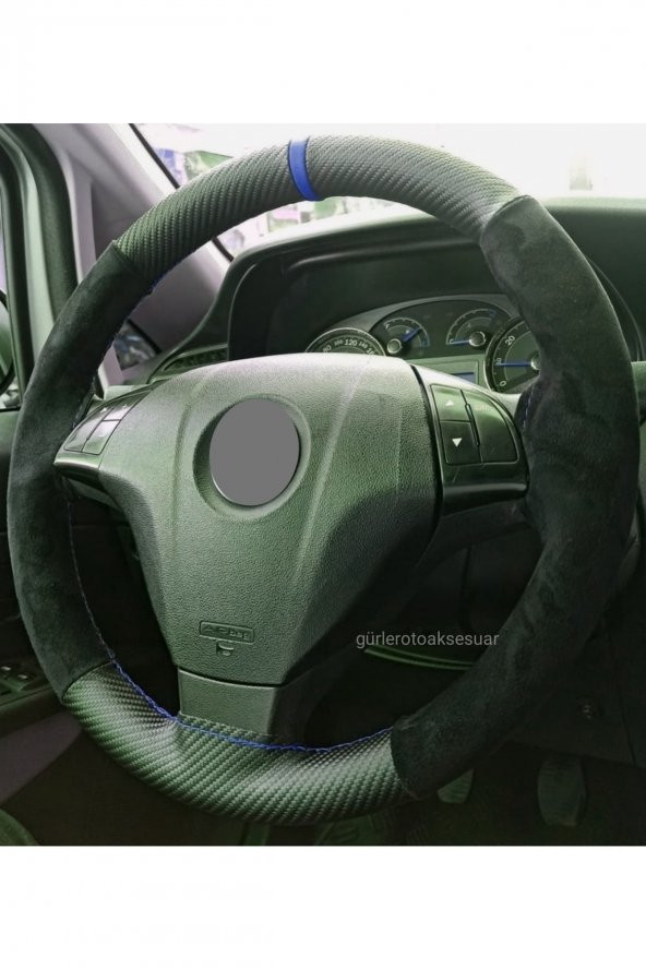 Iat Fiorino Uyumlu Alkantra-Karbon Mavi Yüzüklü Dikmeli Deri Direksiyon Kılıf - Resim 2