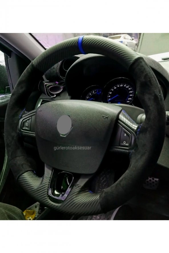 Renault Clio Uyumlu Dikmeli Direksiyon Kılıfı Alkantra Karbon Mavi ürün görseli 1