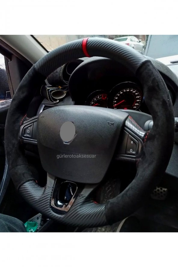 Renault Clio Uyumlu Dikmeli Direksiyon Kılıfı Alkantra Karbon Kırmızı ürün görseli 1