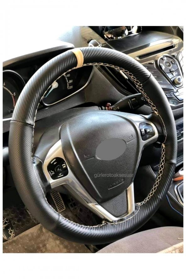 Ford Focus Uyumlu Dikmeli Direksiyon Kılıfı Alkantra Karbon Bej Yüzüklü