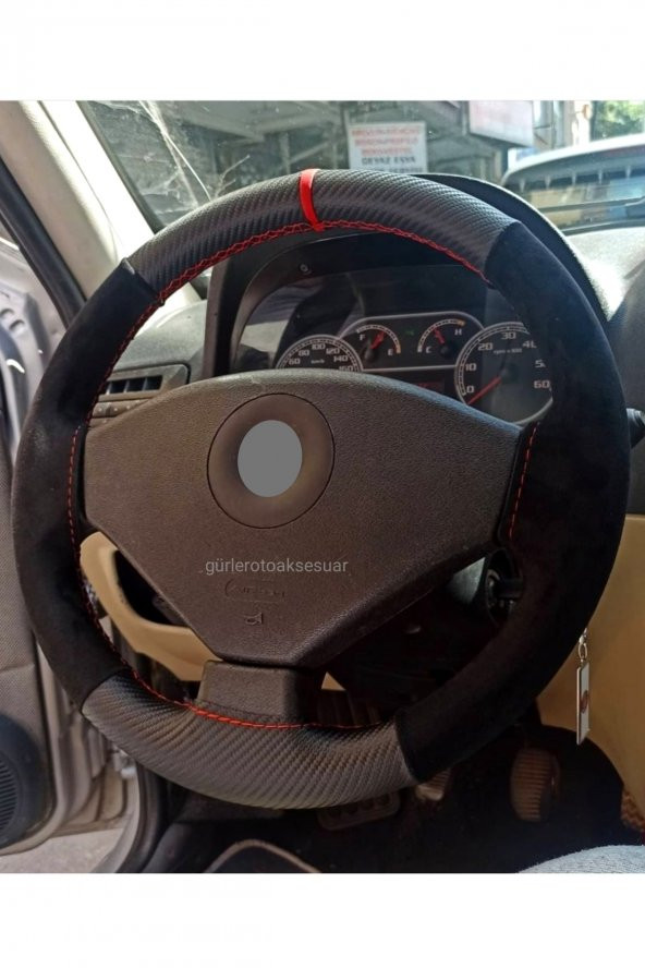 Fiat Palio Dikmeli Direksiyon Kılıfı Alkantra Karbon Kırmızı Ipli Uyumlu