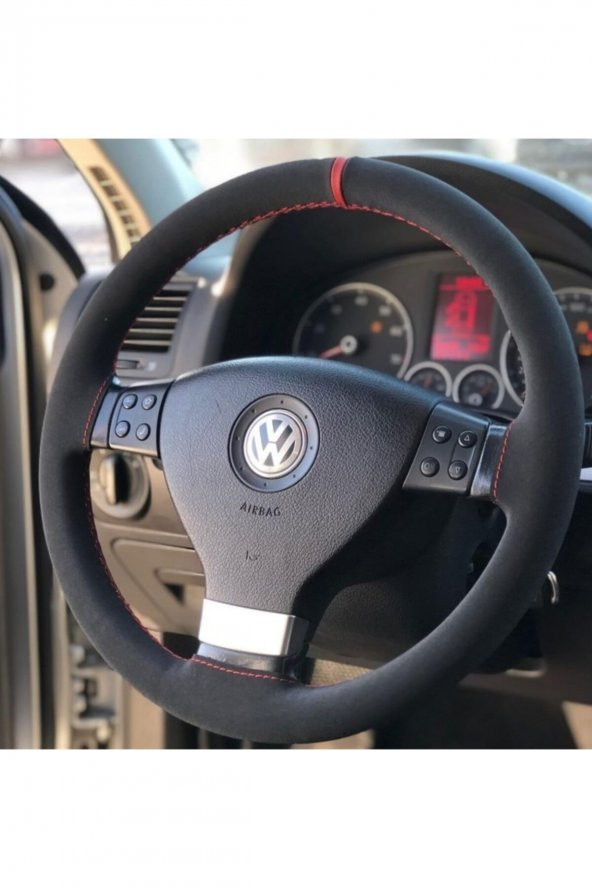 Volkswagen Golf 5 Alkantra Dikmeli Direksiyon Kılıfı Kırmızı Yüzüklü