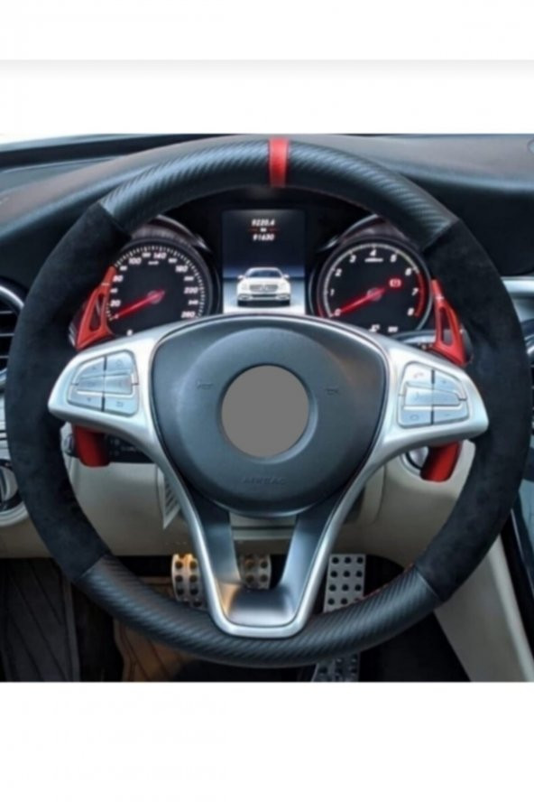 Ford Fiesta 2005-2011 Dikmeli Direksiyon Kılıfı Alkantra Karbon Kırmızı