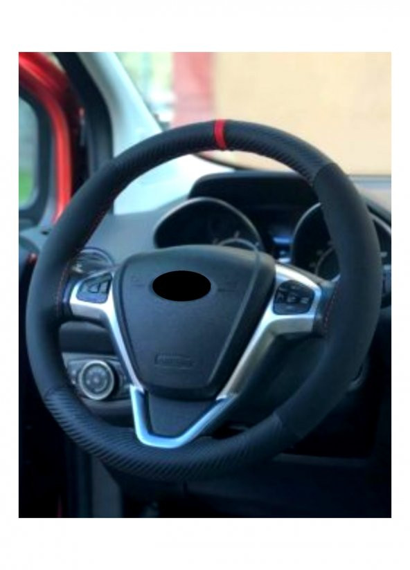 Ford Fiesta Alkantra-Karbon Kırmızı Yüzüklü Dikmeli Direksiyon Kılıf ürün görseli 1