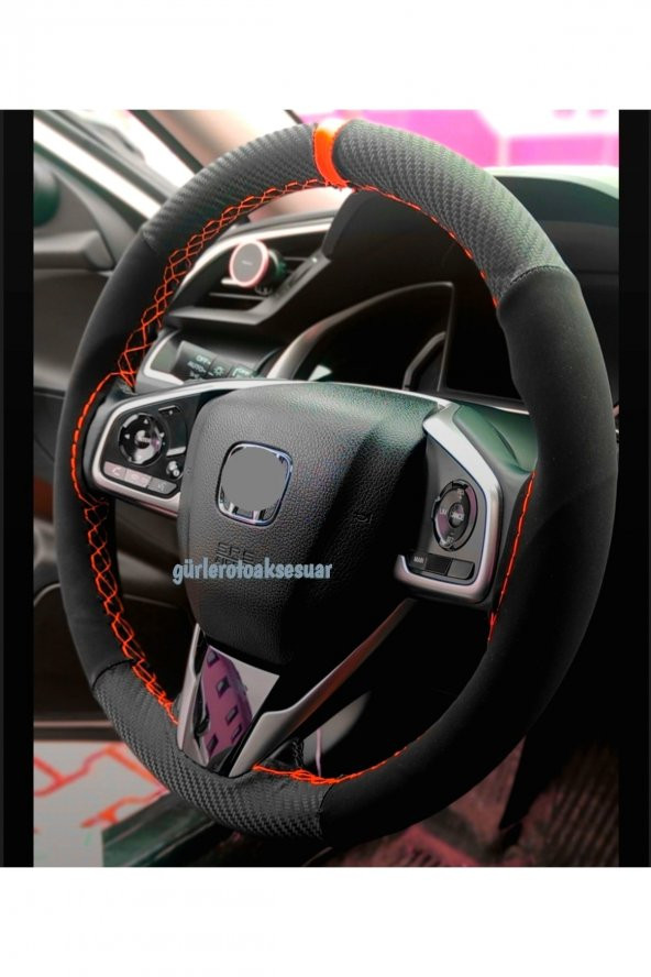 Honda Cıvıc Alkantra Karbon Dikmeli Deri Direksiyon Kılıfı Kırmızı Yüzüklü