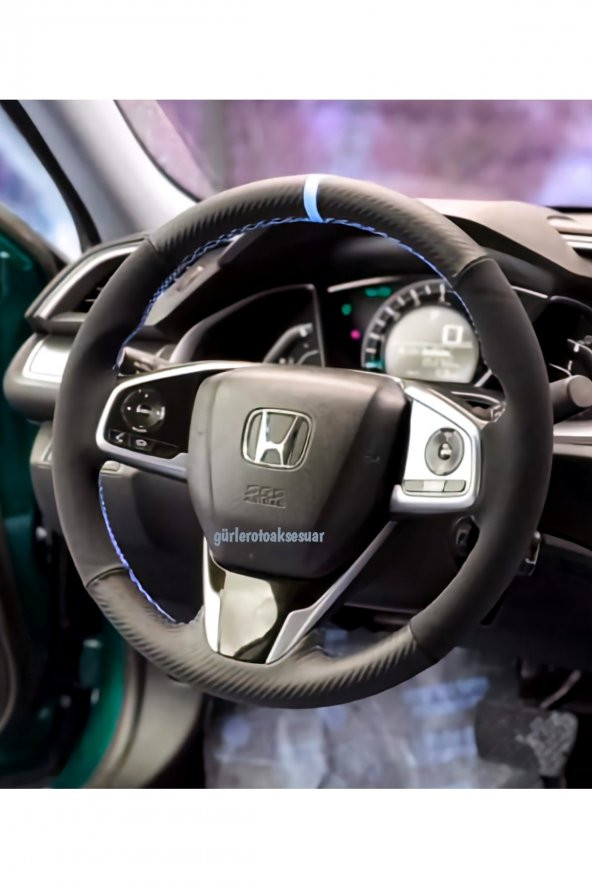 Honda Cıvıc Alkantra Karbon Dikmeli Deri Direksiyon Kılıfı Mavi Yüzüklü - 3