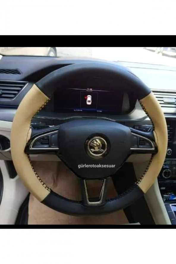 Skoda Octavia Deri Dikmeli Direksiyon Kılıfı Bej Siyah 4parçalı - 1